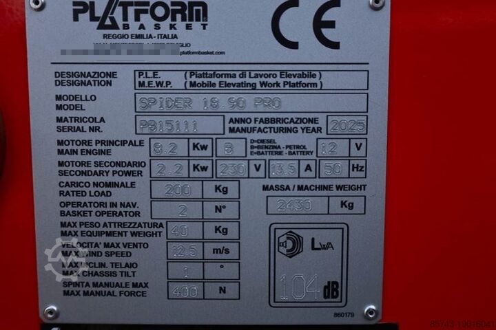 Plataforma de trabajo telescópica articulada Platform Basket Spider 18.90 PRO CE Declaration, Valid inspection,
