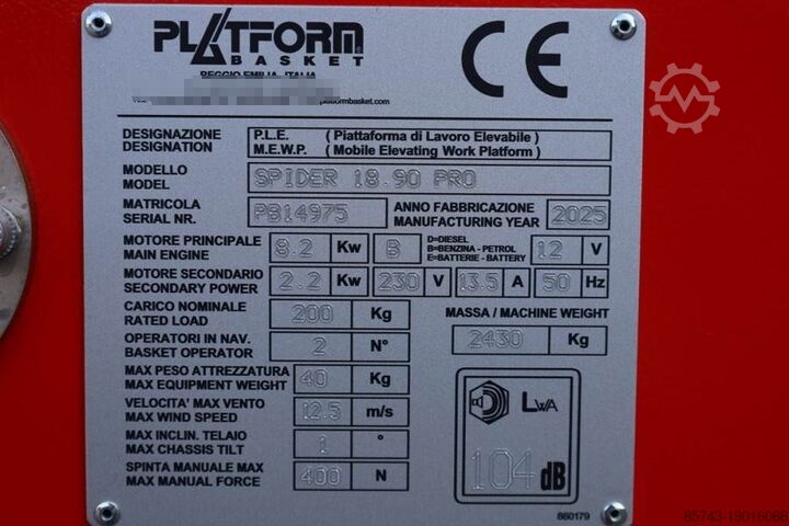 Platformă de lucru telescopică articulată PLATFORM BAS Spider 18.90 PRO CE Declaration, Vali
