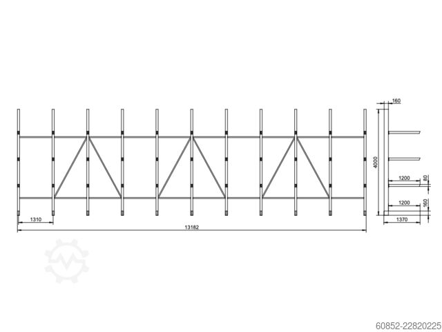  ca. 13,2 lfm. Kragarmregal | Höhe 4,0 m 120 cm Arme | 500 kg pro Arm Langgutrega