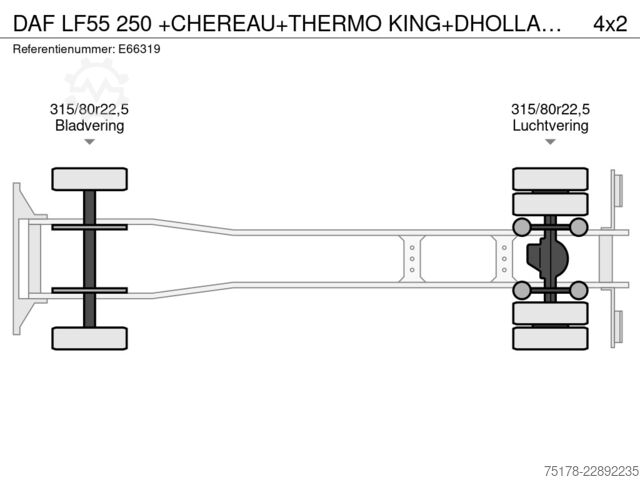 Транспортиране в хладилник/замразено DAF LF55 250 +CHEREAU+THERMO KING+DHOLLANDIA1.5 T.