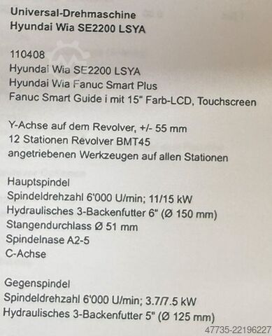 CNC 车铣加工中心 HYUNDAI WIA SE 2200 LSYA