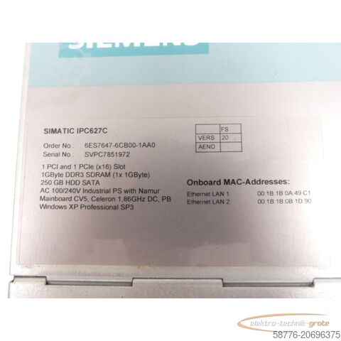 Siemens component Siemens Simatic IPC627C / 6ES7647-6CB00-1AA0 Industrielles Box-PC SN SVPC7851972
