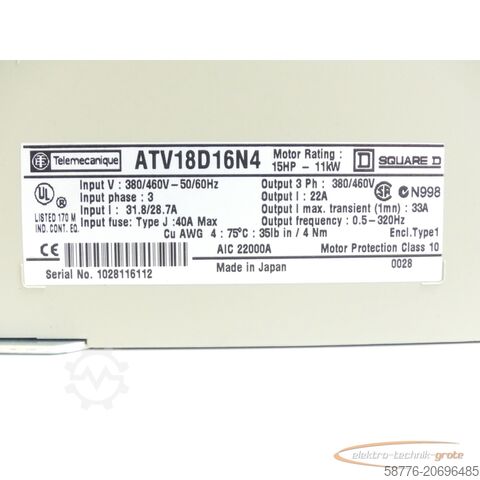 Telemecanique Komponente Telemecanique ATV18D16N4 ALTIVAR 18 Frequenzumrichter SN:1028116112