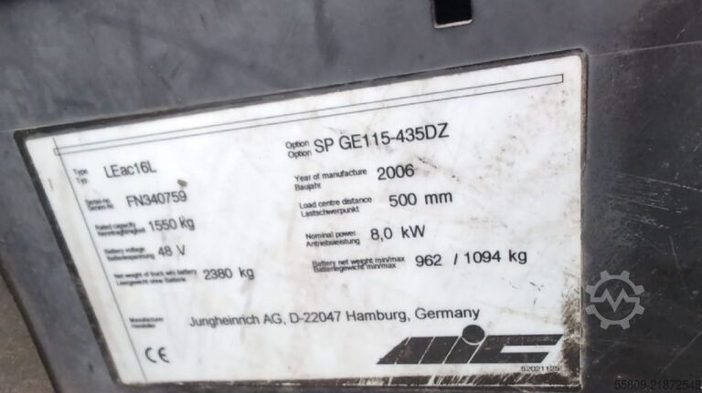 इलेक्ट्रिक 3 व्हील फोर्कलिफ्ट Jungheinrich LE ac 16 L // containerfähig // Triplex // Seitens