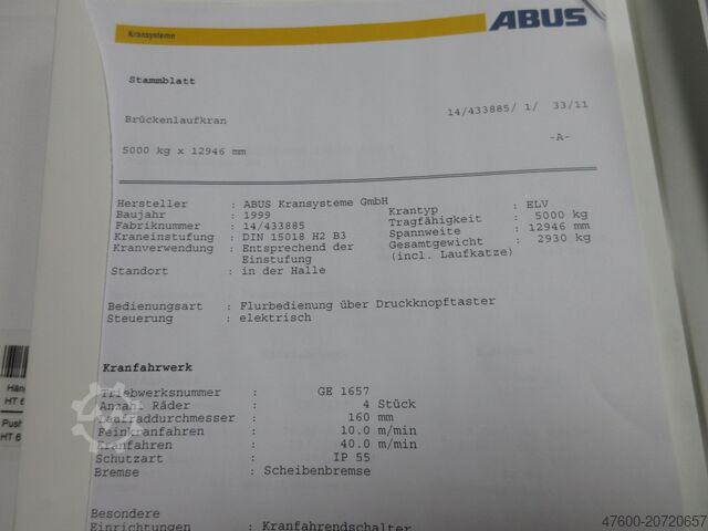 起重机梁、行车、厂房起重机,轨距 12946 毫米 ABUS Hallenkran Brückenkran Kran ELV 5t NL 5000Kg Portalkran Kran 12946mm 140Std