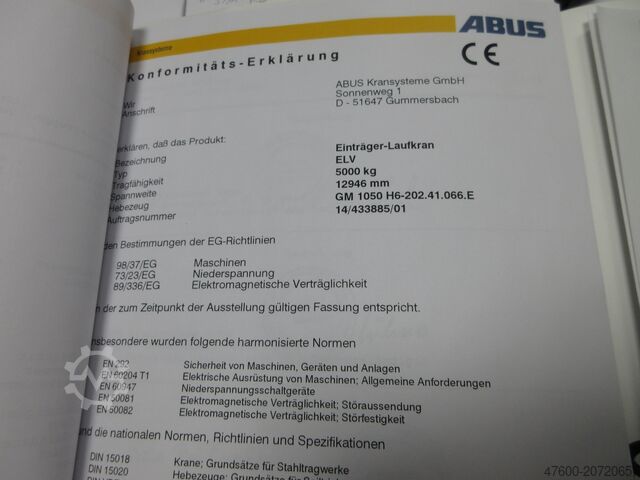 起重机梁、行车、厂房起重机,轨距 12946 毫米 ABUS Hallenkran Brückenkran Kran ELV 5t NL 5000Kg Portalkran Kran 12946mm 140Std
