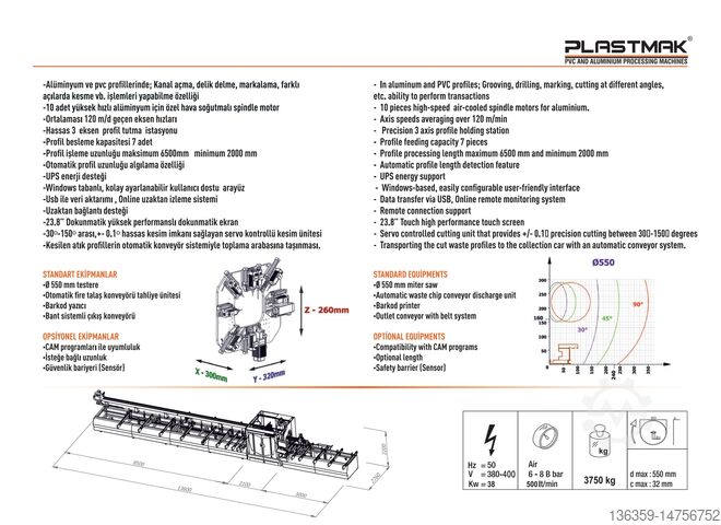 çift gönye testere PLASTMAK PVC ALÜMİNUM İŞLEME MAKİNELERİ SÇ 4550 PROFILE CUTTING AND PROCESSING