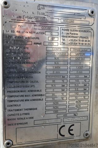 Rezervoar za miješanje kapaciteta 1085 litara, grijani/hlađeni, izrađen od V4A nehrđajućeg čelika s  Pierre Guerin B0120