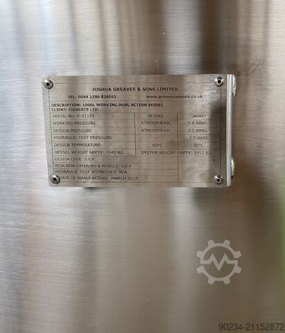 Ubrugt Joshua Greaves 1.000 liters dobbeltvirkende procesbeholder GREAVES 1000L DUAL ACTION MIXER