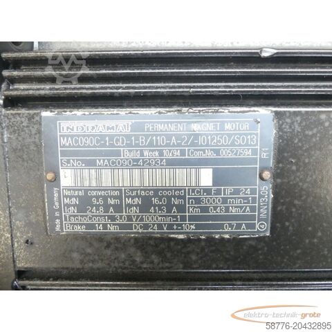  Indramat MAC090C-1-GD-1-B/110-A-2/-I01250/SO13 Motor SN: MAC090-42934