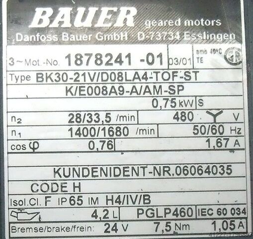 Редукторный двигатель 0,75 кВт 28 об/мин BAUER BK30-21V