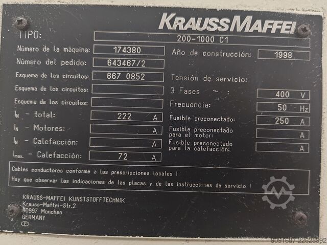 Máquina de moldeo por inyección KraussMaffei 200-1000 C1