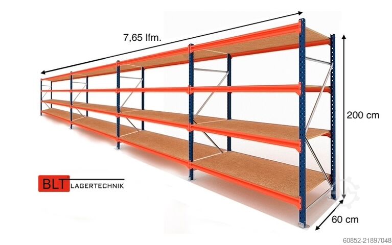 Wide span storage rack ca. 7,66 lfm. Weitspannregale H: 200 cm T: 60 cm , 400 kg Fachlast , 4 Ebenen