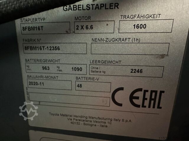 Elektrisk 4 -hjulet gaffeltruck Toyota 8FBM16T - FREIHUB-MAST !!!