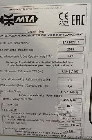 Enfriador, enfriador de agua, refrigerador Kühlmaschinen, MTA S.p.A. Neptune NEG 013HE (R454B)