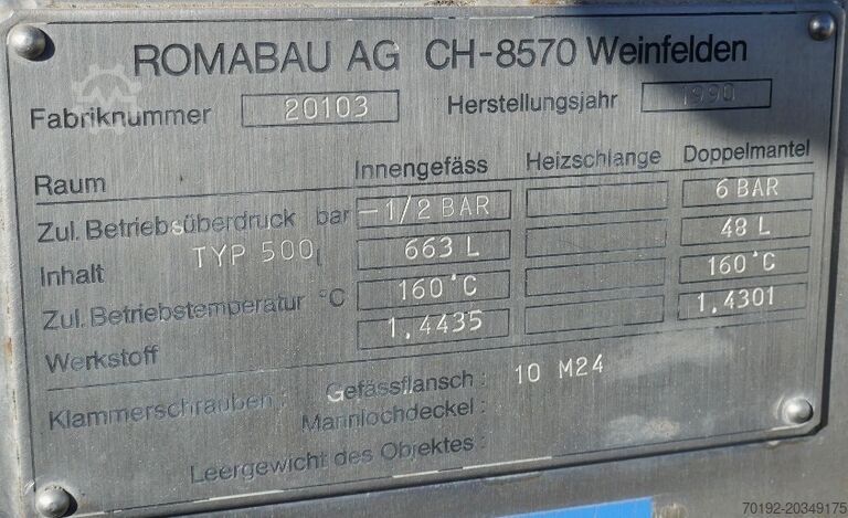 Vas farmaceutic înclinabil sub presiune de 663 litri, încălzibil/răcibil, Aisi 316, cu 2 agitatoare. ROMABAU AG 9911