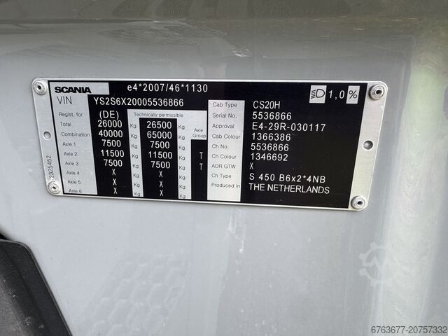 Scania S450 NGS 6X2 mašīnu transportieris / uzbraucamā kravas automašīna Euro 6 Automāts - Pilna gai SCANIA S450 NGS 6X2 Machine Transporter / Oprij Vrachtwagen Euro 6 Automaat - Full Air - 2019 - APK 11-26