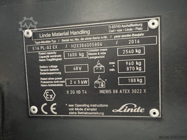 E 16 PL - 386 / 02 Evo - Atex EX Proplan 2G / Zone 1 !! NEW battery !! LINDE E 16 PL - 386 / 02 Evo - Atex EX Proplan 2G / Zone 1 !! NEW battery !!