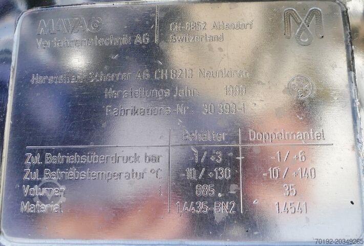 Recipient sub presiune de 885 litri, încălzibil/răcibil, Aisi 316 cu agitator magnetic și celule de  MAVAG Verfahrenstechnik AG 9678