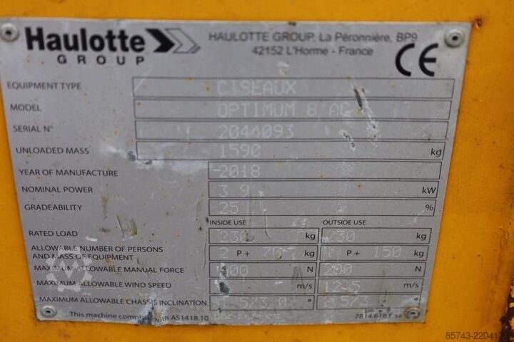 剪刀式电梯 Haulotte Optimum 8 As-Is, Electric, 7.77m Working Height, 2