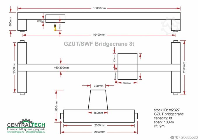Cầu trục H:9m, khẩu độ:10,4m GZUT/SWF LNE 8t