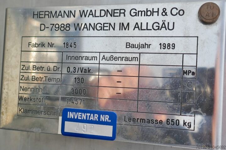 Tlačna posuda od 3000 litara izrađena od nehrđajućeg čelika V4A Waldner 9492