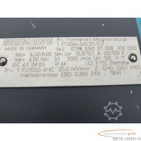 Siemens Motor Siemens 1FT5066-0AC01-2 - Z Permanent-Mag.-Mot. SN E0T98376301008 + 06I0 H33K5