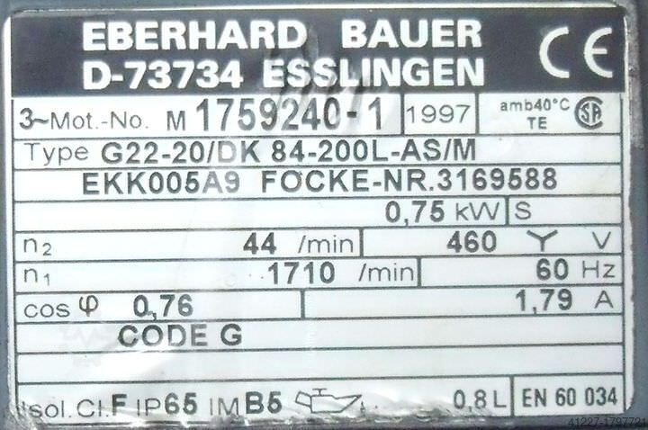 Редукторный мотор 0,75 кВт 36 об/мин BAUER G22-20/DK 84-200L-AS/M