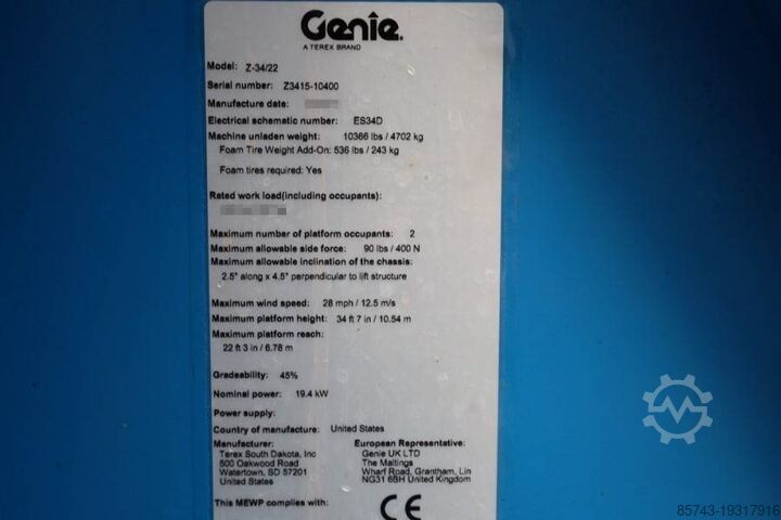 Articulated boom lift Genie Z34/22 Diesel, 4x4 Drive, 12.6m Working Height, 6.