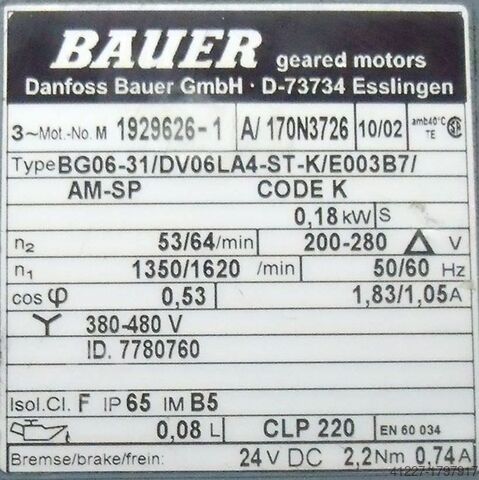 Мотор-редуктор 0,18 кВт 53 об/мин BAUER BG06-31