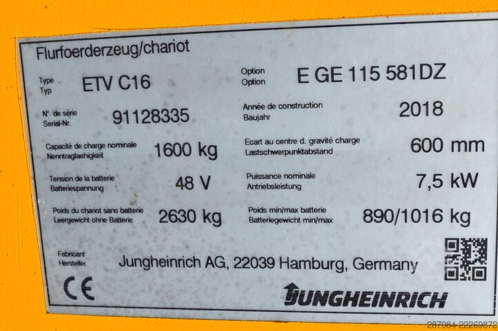 Tõstuk-reach truck Jungheinrich ETV C16 mit Batterie Bj. 2025