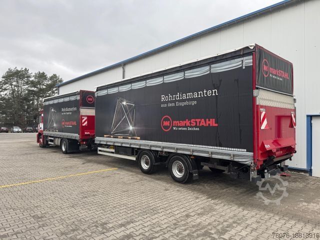 Flatbed truck with tarp MERCEDES-BENZ 1843 LL Schiebeplane Edscha LBW 1,5t  + Anhänger