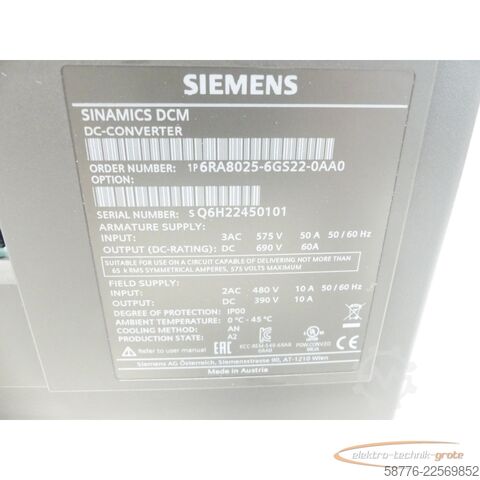 Komponent Siemens Simens 6RA8025-6GS22-0AA0 SINAMICS DCM DC-Converter  SN: Q6H22450101