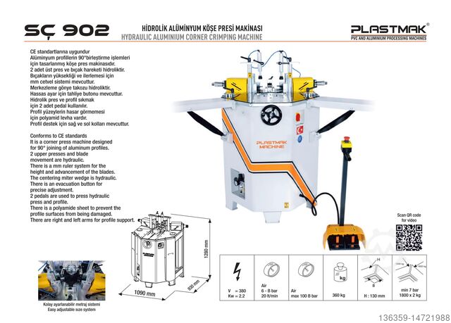 Máquina hidráulica para prensar esquinas de aluminio PLASTMAK PVC ALÜMİNYUM İŞLEME MAKİNALARI SÇ 902 S