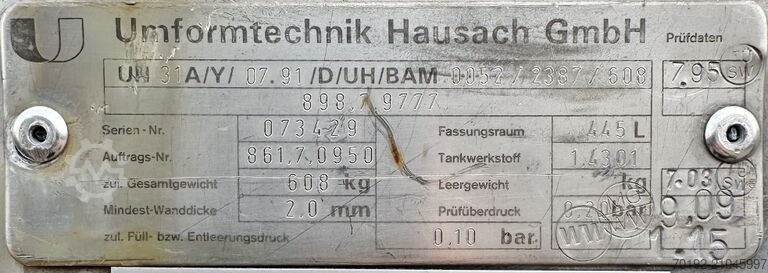 V2A দিয়ে তৈরি 445 লিটার আইবিসি কন্টেইনার Umformtechnik Hausach (UCON) 9332