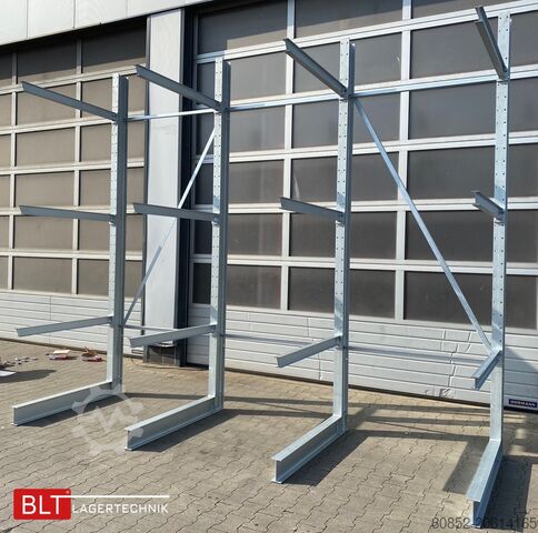 Utkragningsställ ca. 4,02 lfm. Kragarmregal  H: 350cm T: 137 cm , 500kg/Arm , 4 Lagerebenen