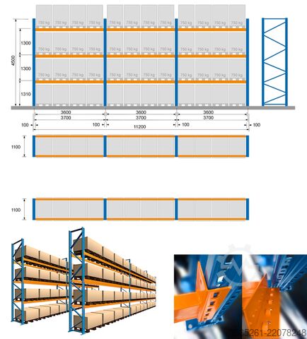 Rayonnage à palettes 2 x 11,2 m Palettenregale, 4,5 m hoch 3 Trav.-Eb. (3600) 3t, McPalettenregal