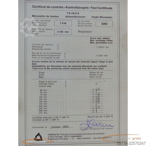 Składnik Trimos T R M Höhenmikrometer Messbereich 5-305 mm