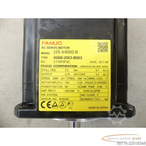 Unidad de control Fanuc A06B-2063-B003 AC Servo Motor SN: C175F0F3C mit A860-2070-T321 Pulsecoder