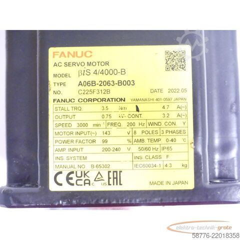 Unidad de control Fanuc A06B-2063-B003 Servo Motor SN C225F312B ohne Pulsecoder