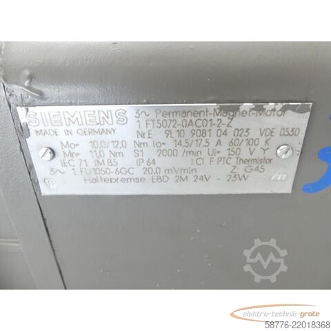 Unidad de control Siemens 1FT5072-0AC01-2-Z Permanent-Magnet-Motor SN: E9L10908104023