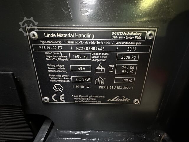 E 16 PL - 386 / 02 Evo * Atex EX * Proplan 2G / Z1 * NEUE Batterie!! LINDE E 16 PL - 386 / 02 Evo * Atex EX * Proplan 2G / Z1 * NEW battery !!