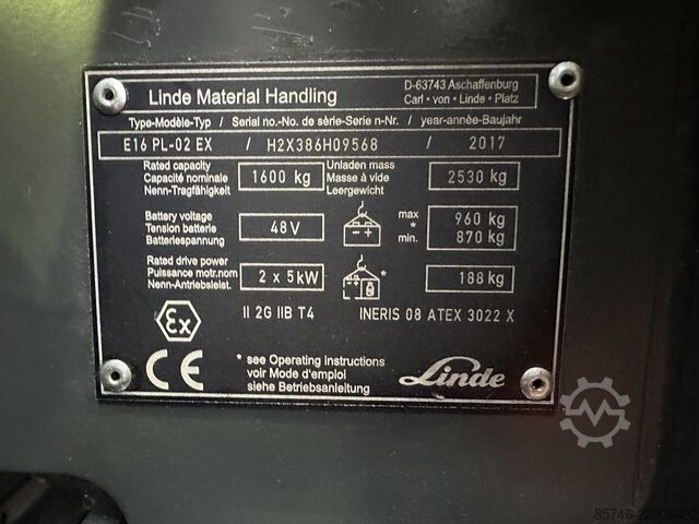 E 16 PL - 386 / 02 Evo * Atex EX * Proplan 2G / Z1 * NEUE Batterie!! LINDE E 16 PL - 386 / 02 Evo * Atex EX * Proplan 2G / Z1 * NEW battery !!