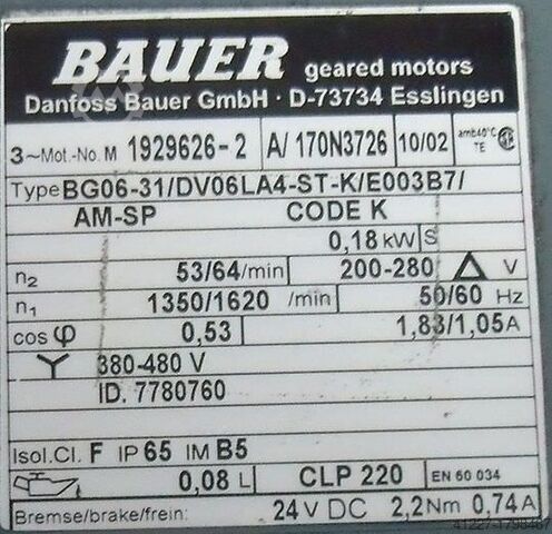 Motorreductor 0,18 kW 53 rpm BAUER BG06-31