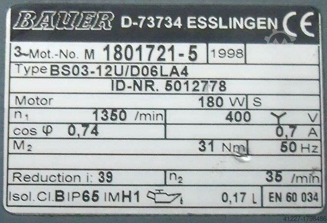 Двигатель редуктора 0,18 кВт 35 об/мин BAUER BS03-12U/D06LA4