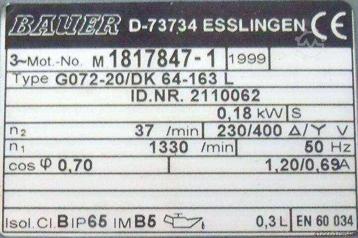 Gearmotor 0,18 kW 37 omdr./min. BAUER G072-20/DK 64-163 L