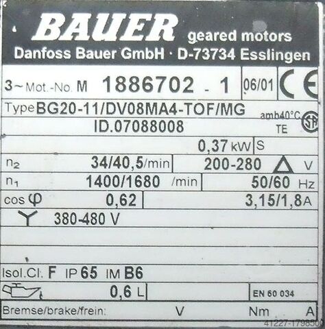 ギアモーター 0.37 kW 34 回転/分 BAUER BG20-11