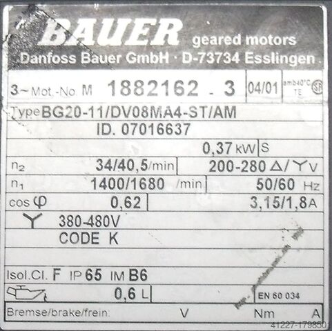 ギアモーター 0.37 kW 34 回転/分 BAUER BG20-11