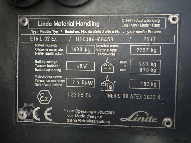 E 16 L - 386 / 02 Evo * Atex EX * Proplan 2G / Z1 * NEW battery !! LINDE E 16 L - 386 / 02 Evo * Atex EX * Proplan 2G / Z1 * NEW battery !!