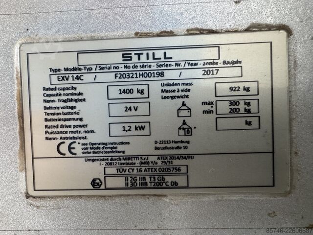 EXV 14 C * DEMO * Atex EX * Miretti 2G / Z1 y 3D / Z22 * ¡Batería NUEVA! STILL EXV 14 C * DEMO * Atex EX * Miretti 2G / Z1 & 3D / Z22 * NEW battery !!